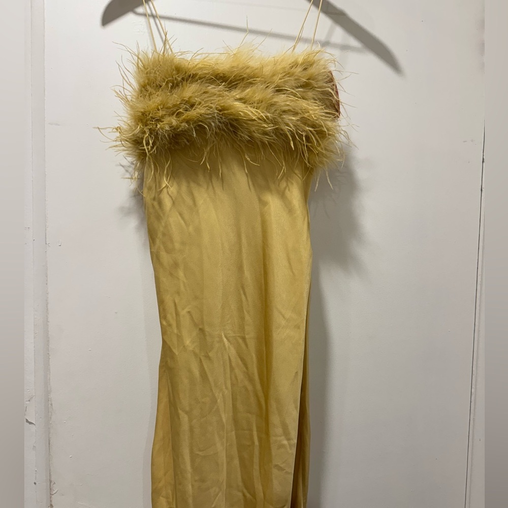PrettyLittleThing Strapless Yellow Dress with Feather Detail